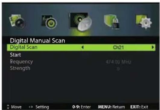 Digital Manual Scan Digital Scan Ch21 Start frequency Strength 474.00 MHz 0 Move Setting 0-9: Enter MENU: Return EXIT: Exit
