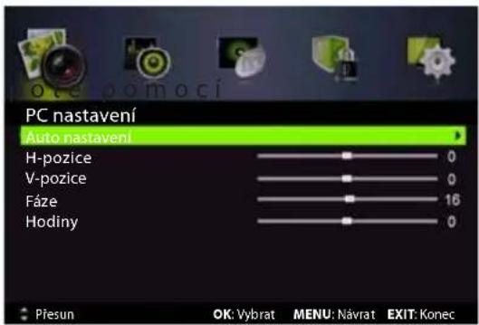 PC nastavení Auto nastavení H-pozice V-pozice Fáze Hodiny 0 0 16 0 Přesun OK: Vybrat MENU: Návrat EXIT: Konec