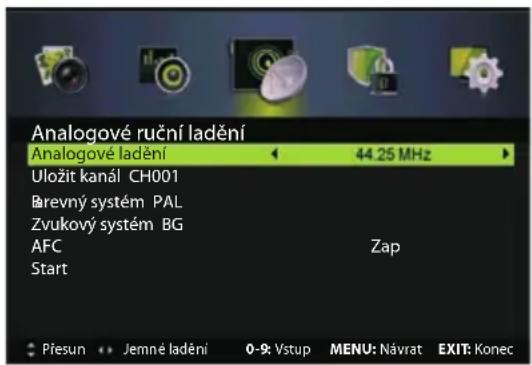Analogové ruční ladění Analogové ladění 44.25 MHz Uložit kanál CH001 Brevný systém PAL Zvukový systém BG AFC Zap Start