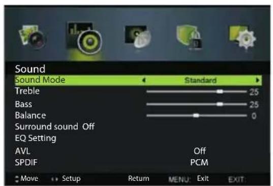 Sound Sound Mode Standard Treble 25 Bass 25 Balance 0 Surround sound Off EQ Setting AVL Off SPDIF PCM Move Setup Return MENU Exit EXIT