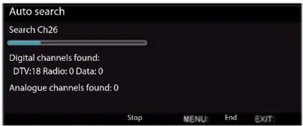 Auto search Search Ch26 Digital channels found: DTV:18 Radio: 0 Data: 0 Analogue channels found: 0 Stop MENU: End EXIT:
