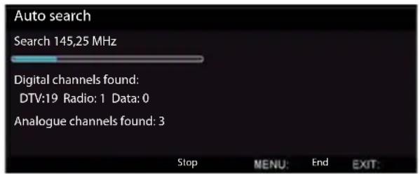 Auto search Search 145,25 MHz Digital channels found: DTV:19 Radio: 1 Data: 0 Analogue channels found: 3 Stop MENU: End EXIT: