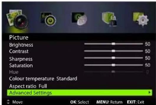 Picture Brightness 50 Contrast 50 Sharpness 50 Saturation 50 Hue 0 Colour temperature Standard Aspect ratio Full Advanced Settings Move OK: Select MENU: Return EXIT: Exit