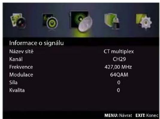 Informace o signálu Název sítě CT multiplex Kanál CH29 Frekvence 427,00 MHz Modulace 64QAM Síla 0 Kvalita 0 MENU: Návrat EXIT: Konec