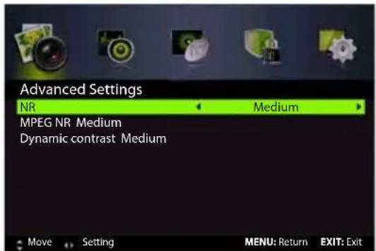 Advanced Settings NR Medium MPEG NR Medium Dynamic contrast Medium Move Setting MENU: Return EXIT: Exit