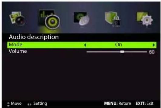 Audio description Mode On Volume 60 Move Setting MENU: Return EXIT: Exit