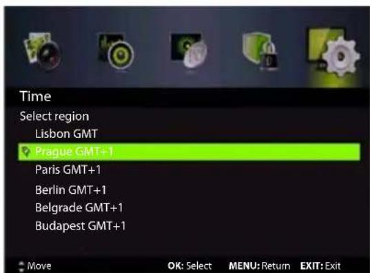 Time Select region Lisbon GMT Prague GMT+1 Paris GMT+1 Berlin GMT+1 Belgrade GMT+1 Budapest GMT+1 Move OK: Select MENU: Return EXIT: Exit