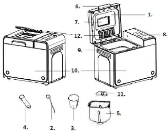 Labeled diagram of a microwave oven with numbered parts for identification and assembly reference.