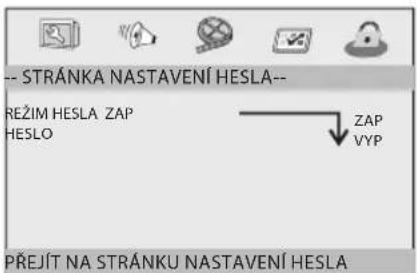 -- STRÁNKA NASTAVENÍ HESLA-- REŽIM HESLA ZAP HESLO ZAP VYP PŘEJÍT NA STRÁNKU NASTAVENÍ HESLA