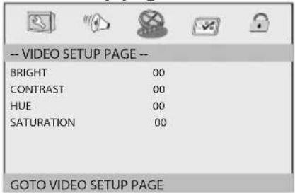 -- VIDEO SETUP PAGE -- BRIGHT 00 CONTRAST 00 HUE 00 SATURATION 00 GOTO VIDEO SETUP PAGE