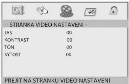 -- STRÁNKA VIDEO NASTAVENÍ -- JAS 00 KONTRAST 00 TÓN 00 SYTOST 00 PŘEJÍT NA STRÁNKU VIDEO NASTAVENÍ