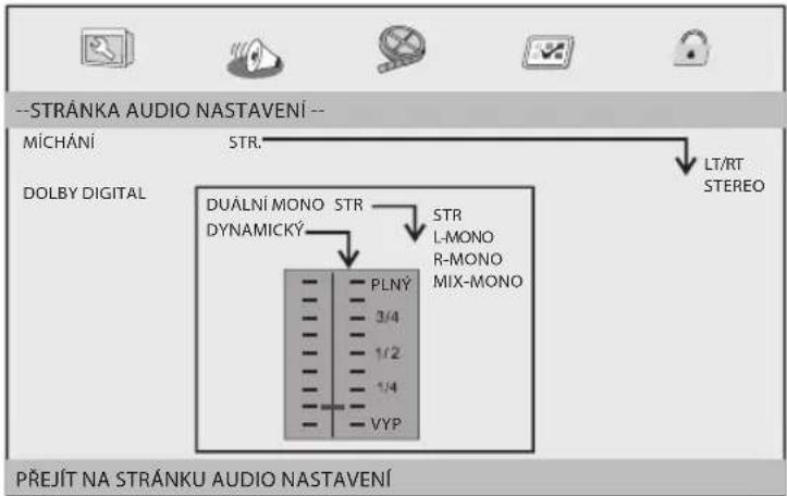 --STRÁNKA AUDIO NASTAVENÍ -- MÍCHÁNÍ STR. DOLBY DIGITAL LUÁLNÍ MONO STR DYNAMICKÝ STR L-MONO R-MONO MIX-MONO PLNÝ 3/4 1/2 1/4 VYP LT/RT STEREO PŘEJÍT NA STRÁNKU AUDIO NASTAVENÍ