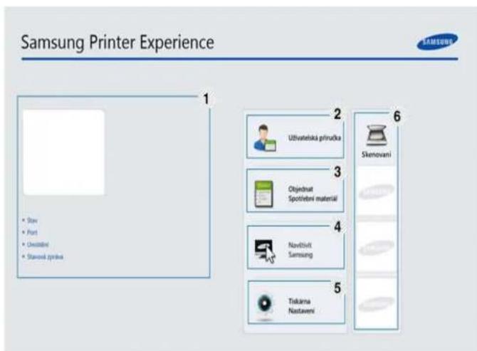 Samsung Printer Experience 1 • Slow • Port • Deszinski • Stavová zprůka 2 Uživstelská príručka 3 Objednost Spotřební material 4 Navitivit Samsung 5 Tikárna Nastavení 6 Skenovani