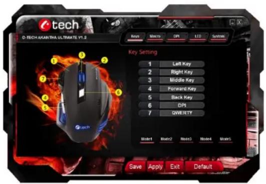 O-TECH ARANTHA ULTIMATE V1.2 Key Macro DPI LED Systems Key Setting 1 Left Key 2 Right Key 3 Middle Key 4 Forward Key 5 Back Key 6 DPI 7 QWERTY Mode1 Mode2 Mode3 Mode4 Mode5 Save Apply Exit Default