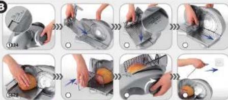 Step-by-step cooking process for a kitchen appliance, showing step-by-step adding and removing a food item.