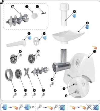 Exploded view diagram of a kitchen knife with labeled parts and assembly instructions