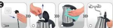 Step-by-step cooking instruction showing a kettle being added to a water dispenser, with Chinese labels and step indicators.