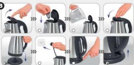 Step-by-step cooking process for a kettle, showing step from adding liquid to remove and holding a small object.