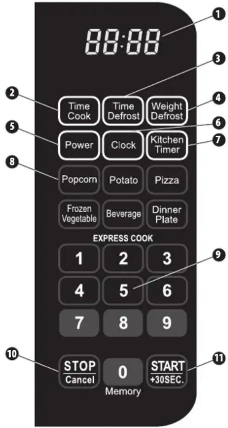 80:80 Time Cook Time Defrost Weight Defrost Power Clock Kitchen Timer Popcorn Potato Pizza Frozen Vegetable Beverage Dinner Plate EXPRESS COOK 1 2 3 4 5 6 7 8 9 STOP Cancel 0 START +30SEC. Memory