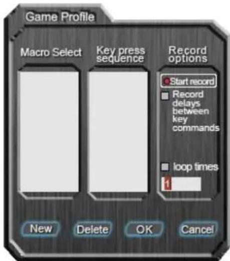 Game Profile Macro Select Key press sequence Record options Start record Record delays between key commands loop times 1 New Delete OK Cancel