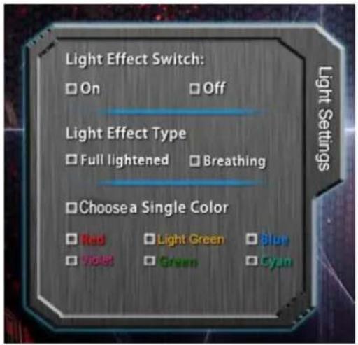 Light Effect Switch: On Off Light Effect Type Full lightened Breathing Choose a Single Color Red Light Green Byan Violet Green Cyan
