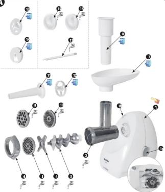 Exploded view diagram of a food processor with labeled parts and exploded views