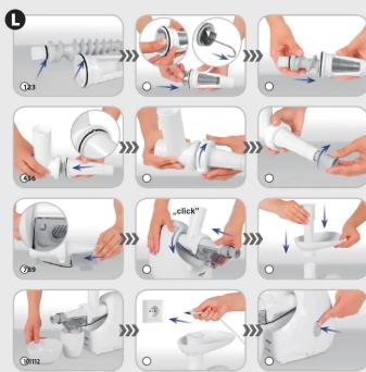 Step-by-step instructions for using a shower pump, showing hand positioning and cleaning steps