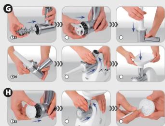 Step-by-step photo showing a hand using a tool to adjust a small object, labeled G and H with directional arrows.