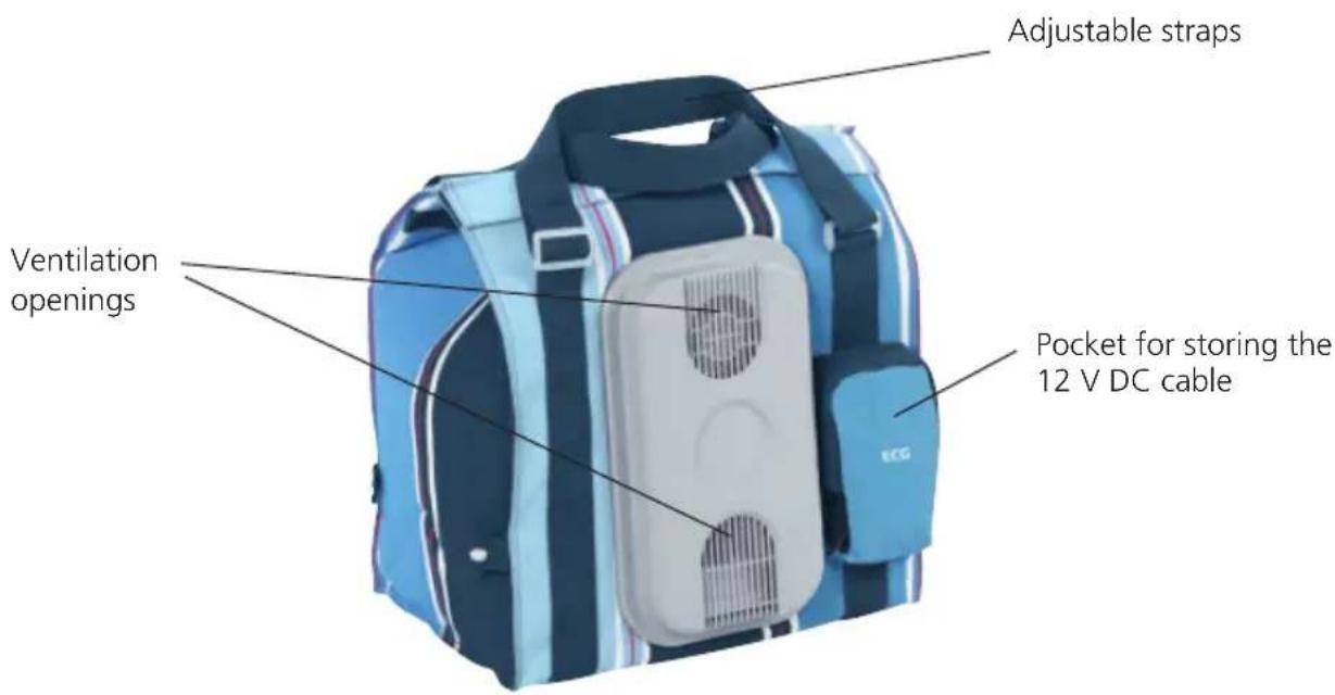 Adjustable straps Ventilation openings Pocket for storing the 12 V DC cable