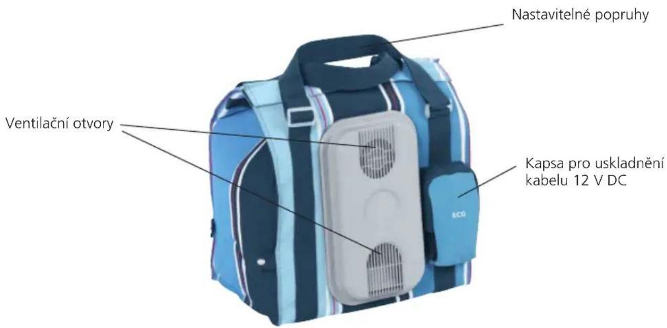 Nastavitelné popruhy Ventilační otvory Kapsa pro uskladnění kabelu 12 V DC