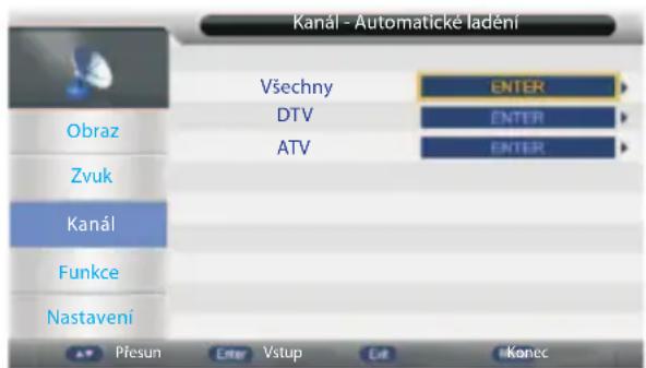 Kanál - Automatické ladéní Všechny Enter DTV Enter ATV Enter Obraz Zvuk Kanál Funkce Nastavení Přesun Enter Vstup Eat Konec