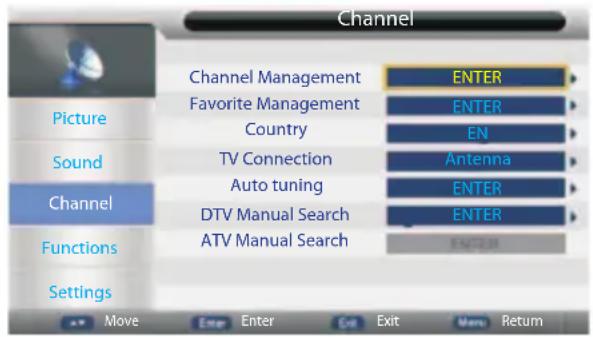 Channel Picture Sound Channel Functions Settings Channel Management Favorite Management Country TV Connection Auto tuning DTV Manual Search ATV Manual Search ENTER ENTER EN Antenna ENTER ENTER ENTER ENGLISH Move Enter Enter Exit Exit Menu Return