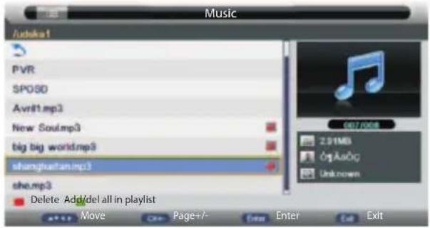 Music /udaka1 PVR SPOSO Avril1.mp3 New Soul.mp3 big big world.mp3 shanghuatian.mp3 she.mp3 Delete Add/del all in playlist 2.91M0 C:\Aa\Oc Unknown Move Page+/- Enter Exit
