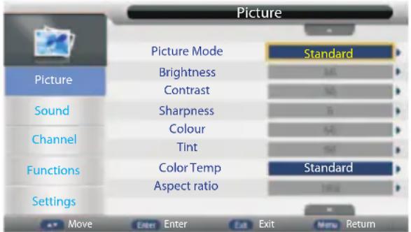Picture Picture Mode Standard Brightness Contrast Sound Sharpness Colour Tint Channel Functions Color Temp Aspect ratio Standard Settings Move Enter Enter Exit Menu Return