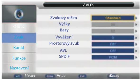 Zvuk Obraz Zvuk Kanal Funkce Nastavení Zvukový režim Výšky Basy Vyvážení Prostorový zvuk AVL SPDIF Standard BU NO Off Off PCM Piesun Enter Vstup Ext Konec