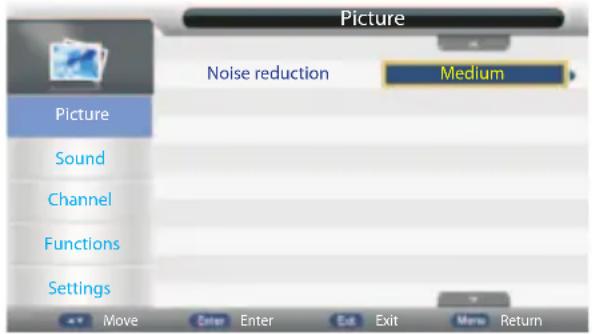 Picture Noise reduction Medium Picture Sound Channel Functions Settings Move Enter Enter Exit Exit Move Return