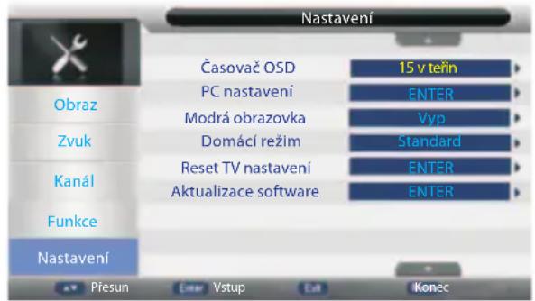 Nastavení Časovač OSD 15 v teřin PC nastavení ENTER Modrá obrazovka Vyp Zvuk Domácí režim Standard Kanál Reset TV nastavení ENTER Aktualizace software ENTER Funkce Nastavení Přesun Enter Vstup Exit Konec