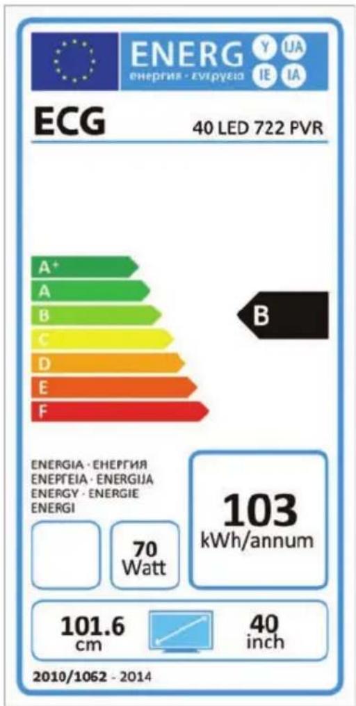 ENERG Y UA ENERGIE - EUTRUEA IE IA ECG 40 LED 722 PVR A+ B C D E F ENERGIA - ENERGIA ENERGEIA - ENERGIJA ENERGY - ENERGIE ENERGI 70 Watt 103 kWh/annum 101.6 cm 40 inch 2010/1062 - 2014