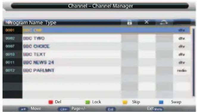 Channel – Channel Manager Program Name Type 0001 BBC CWP 0002 BBC TWO 0007 BBC CHOICE 0010 BBC TEXT 0011 BBC NEWS 24 0012 BBC PARLMNT Del Lock Skip Swap Move Page+/- Exit Exit menu