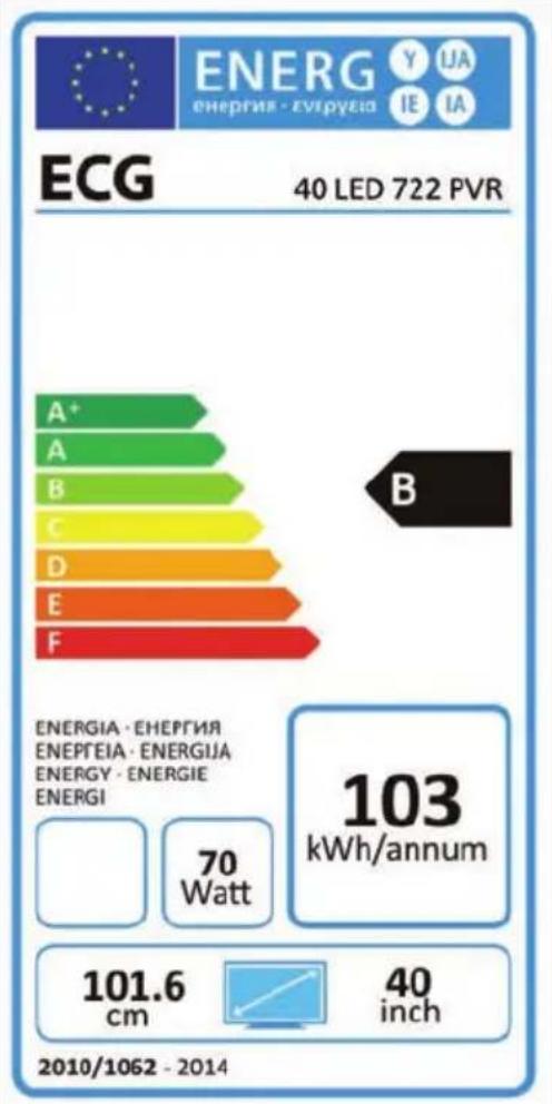ENERG Y UA ENERGIE - EGYRVEIA IE IA ECG 40 LED 722 PVR A+ B C D E F B ENERGIA - EHERGIA ENERGEIA - ENERGIJA ENERGY - ENERGIE ENERGI 70 Watt 103 kWh/annum 101.6 cm 40 inch 2010/1062 - 2014