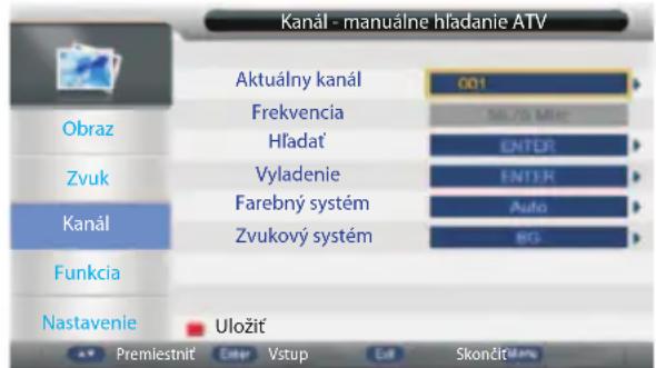 Kanál - manuálne hľadanie ATV Aktuálny kanál 001 Frekvencia MILDA Mirc Obraz Hľadať ENTER Zvuk Vyladenie ENTER Farebný systém Auto Kanál Zvukový systém BIG Funkcia Nastavenie Uložitř Premiestniť Enter Vstup Edit Skončitům