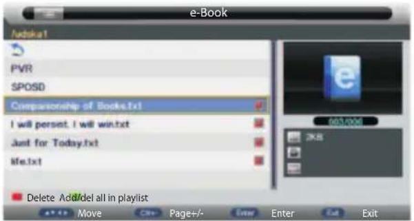 e-Book Auboka1 PVR SPOSD Comparisonship of Books.txt I will perset. I will win.txt Just for Today.txt life.txt Delete Add/del all in playlist Move Ctrl+ Page+/- Enter Enter Exit