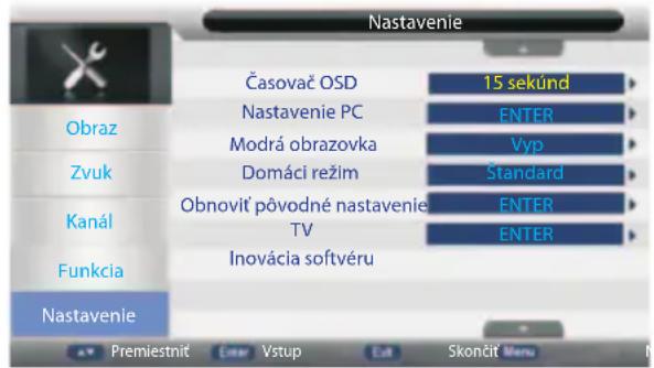 Nastavenie Časovač OSD 15 sekúnd Obraz Nastavenie PC ENTER Modrá obrazovka Vyp Zvuk Domácí režim Štandard Kanál Obnovit' pôvodné nastavenie ENTER TV ENTER Funkcia Inovácia softvéru Nastavenie Premiestnit Enter Vstup Exit Skončit Menu