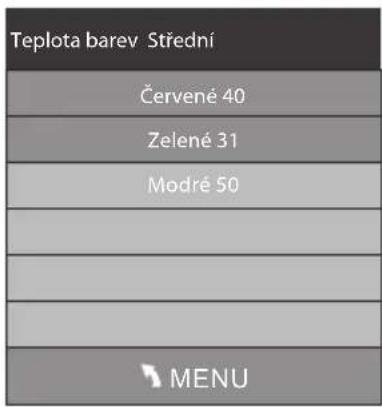 Teplota barev Střední Červené 40 Zelené 31 Modré 50 MENU