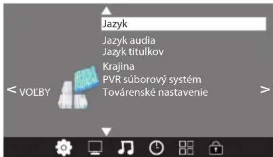 Jazyk Jazyk audia Jazyk titulkov Krajina PVR súborový systém Továrenské nastavenie < VOLBY >