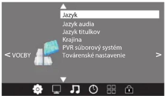 Jazyk Jazyk audia Jazyk titulkov Krajina PVR súborový systém Továrenské nastavenie < VOLBY >