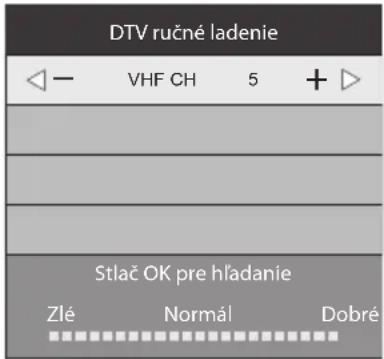 DTV ručné ladenie VHF CH 5 + Stlač OK pre hľadanie Zlé Normál Dobré