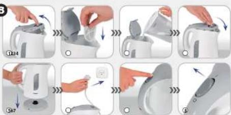 Step-by-step photo showing a hand holding a kettle with a lid, demonstrating the process of adding liquid to a water heater.