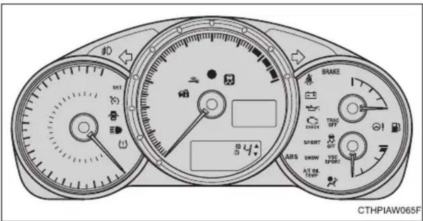 SET BRAKE TRACC OFF CHECK SPORT OFF ABS SNOW VSC SPORT AIR ON TEMP. CTHPIAW065F