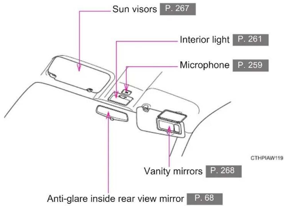 Sun visors P. 267 Interior light P. 261 Microphone P. 259 Vanity mirrors P. 268 Anti-glare inside rear view mirror P. 68 CTHPIAW119